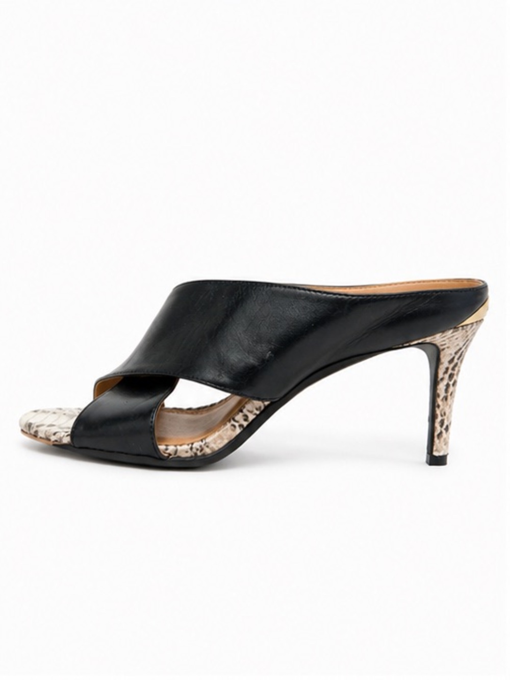 Calvin Klein Black Leather Mule with Snake-Print Heel